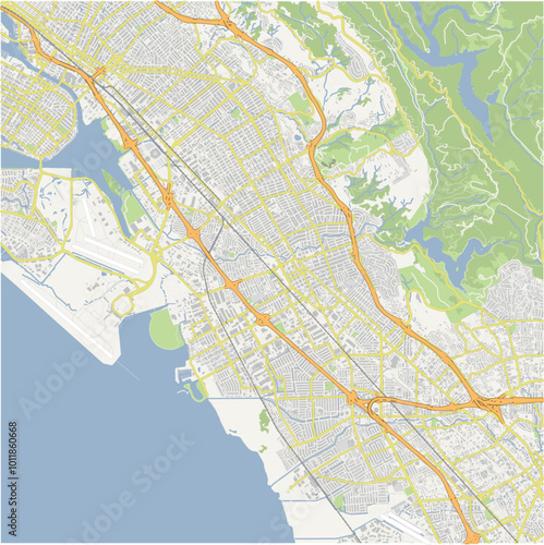 Map of San Leandro in California in a normal road map style. Contains layered vector with roads water, parks, etc.