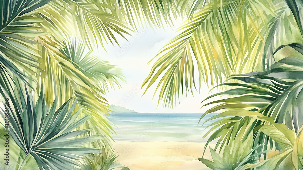 Tropical Paradise Serene Beach View Through Lush Palm Fronds Tropical Paradise Serene Beach View Through Lush Palm Fronds