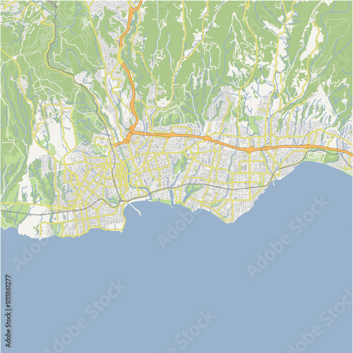 Map of Santa Cruz in California in a normal road map style. Contains layered vector with roads water, parks, etc.