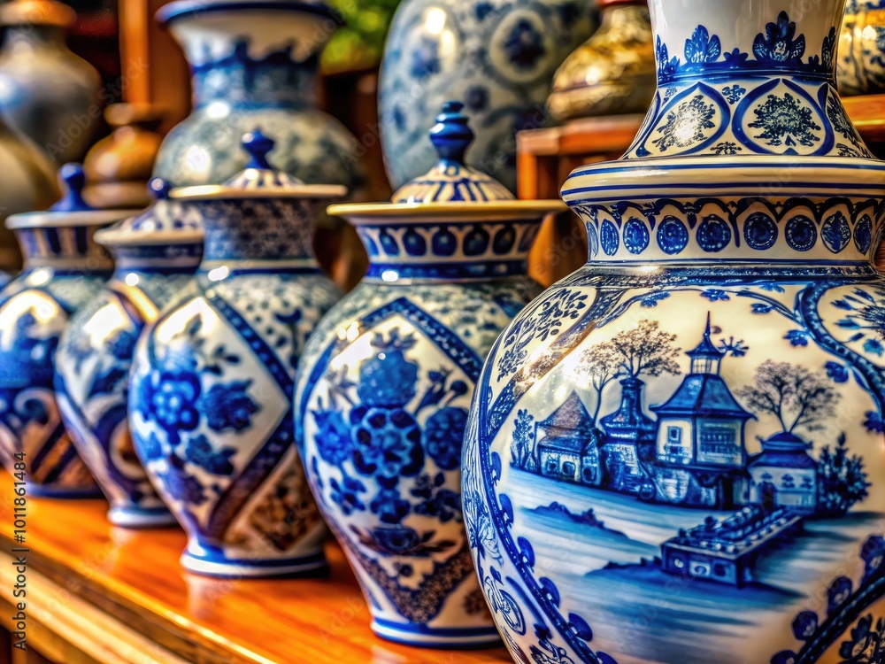 Beautiful Delft Pottery with Traditional Blue and White Designs on Display in an Artistic Setting Beautiful Delft Pottery with Traditional Blue and White Designs on Display in an Artistic Setting