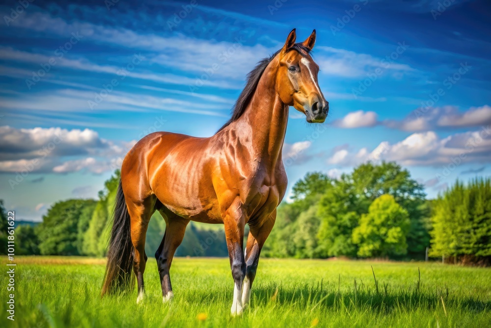 Beautiful Dutch Warmblood Horse Standing Gracefully in a Lush Green Field Under Clear Blue Sky Beautiful Dutch Warmblood Horse Standing Gracefully in a Lush Green Field Under Clear Blue Sky