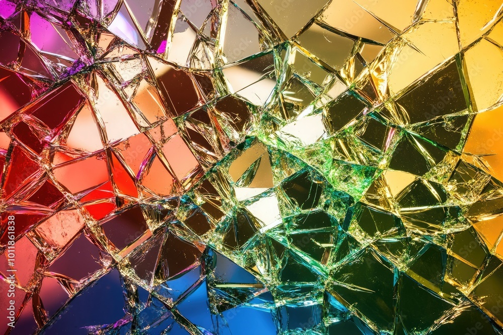 A shattered mirror effect with rainbow reflections breaking up into different sections A shattered mirror effect with rainbow reflections breaking up into different sections