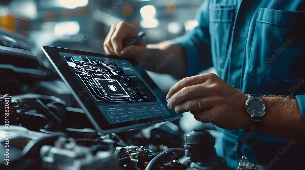 Technician uses augmented reality diagnostics software on tablet to ...