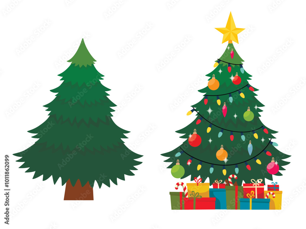 set of two versions of a Christmas tree - one tree without decorations, and the other decorated and with gifts set of two versions of a Christmas tree - one tree without decorations, and the other decorated and with gifts