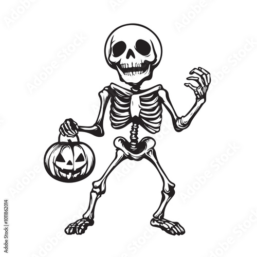 Human skeleton hold the Halloween pumpkin in a cool style stock image vector