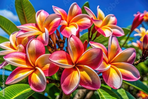 Beautiful frangipani flowers in vibrant colors blooming against a clear blue sky in tropical garden