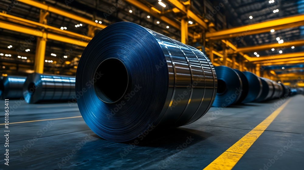 Steel rolls in a manufacturing facility Steel rolls in a manufacturing facility