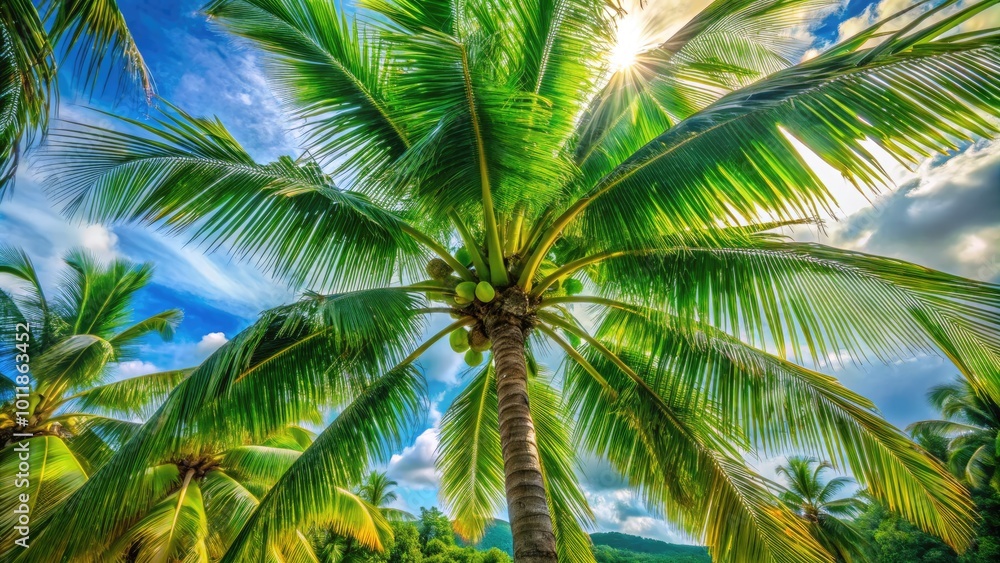 Beautiful Green Coconut Palm Tree with Lush Leaves Against Clear Blue Sky in Tropical Paradise Beautiful Green Coconut Palm Tree with Lush Leaves Against Clear Blue Sky in Tropical Paradise
