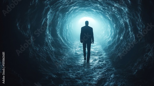 A man is walking through a tunnel in the dark