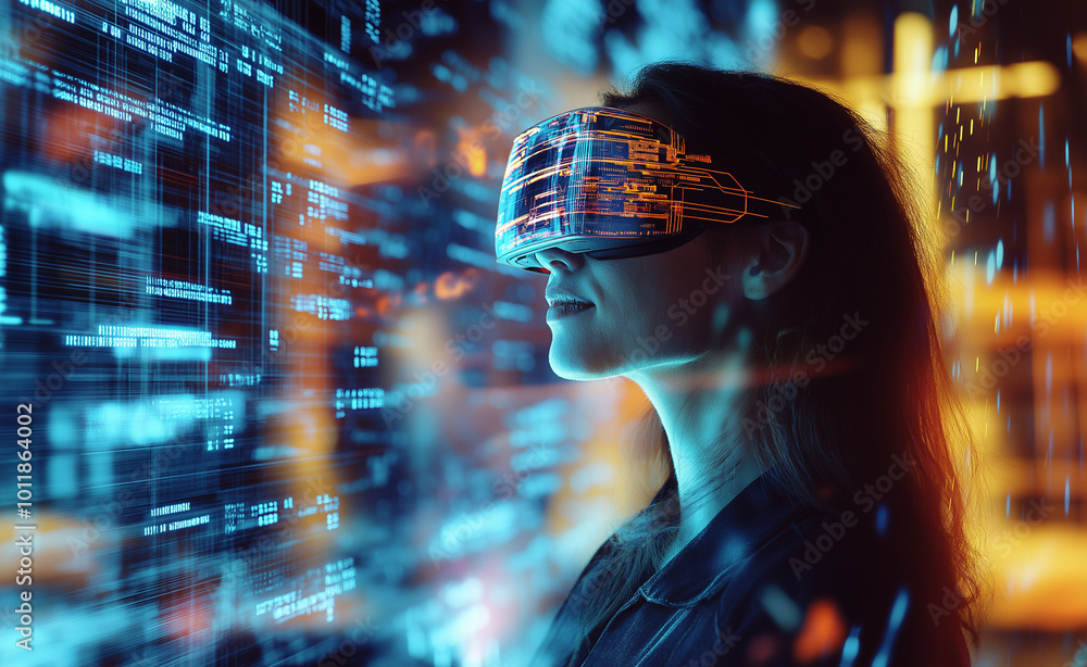 A woman wearing a futuristic VR headset, surrounded by glowing digital data and abstract lights. A woman wearing a futuristic VR headset, surrounded by glowing digital data and abstract lights.