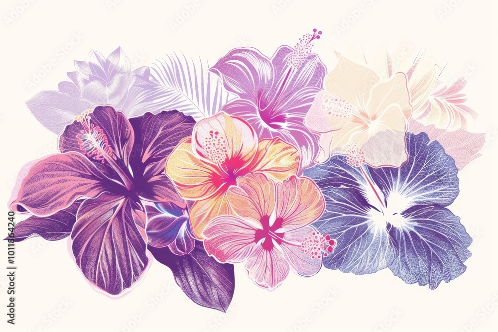 Vibrant hibiscus floral arrangement illustration with pastel tones Vibrant hibiscus floral arrangement illustration with pastel tones