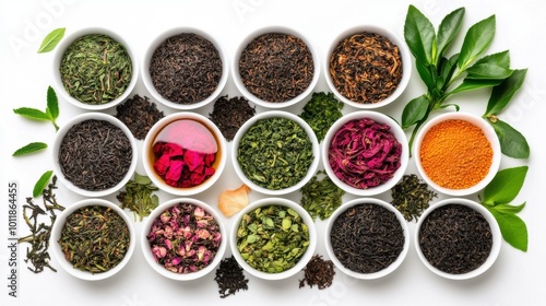 Vibrant Tea Blends with Exotic Ingredients in Bowls