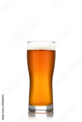 A glass of dark craft beer on white background
