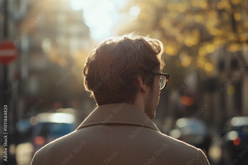 A man on the street of Paris, seen from behind, with brown hair and glasses, wearing a beige coat Generative AI A man on the street of Paris, seen from behind, with brown hair and glasses, wearing a beige coat Generative AI