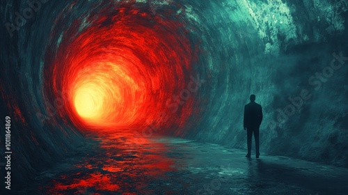 A man stands in a tunnel with a red light in the background