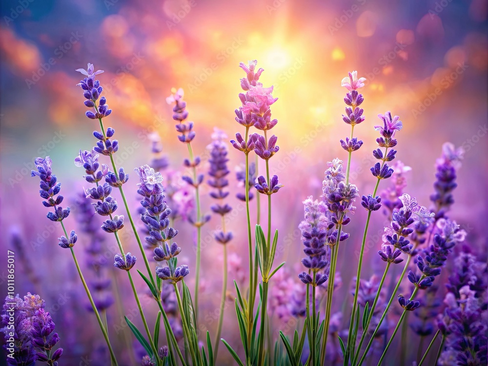 Fototapeta premium Beautiful Lavender Illustration with Delicate Flowers and Green Stems on a Soft Pastel Background