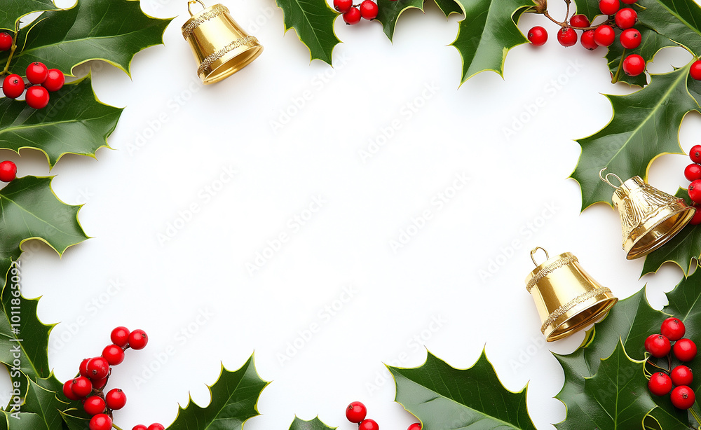 A festive arrangement of holly leaves, red berries, and gold bells framing a white background. A festive arrangement of holly leaves, red berries, and gold bells framing a white background.