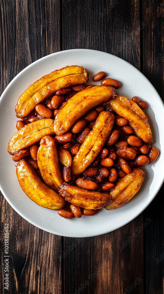 Caramelized plantains and kidney beans on a white plate resting on a dark wooden table Caramelized plantains and kidney beans on a white plate resting on a dark wooden table