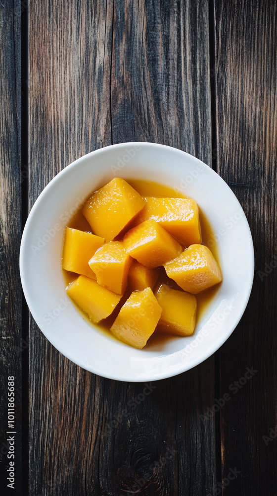 Chunks of mango and juice fill a white bowl resting on a rustic wood table Chunks of mango and juice fill a white bowl resting on a rustic wood table