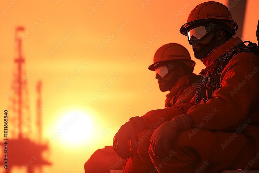 Workers in helmets at sunset on platform. Workers in helmets at sunset on platform.
