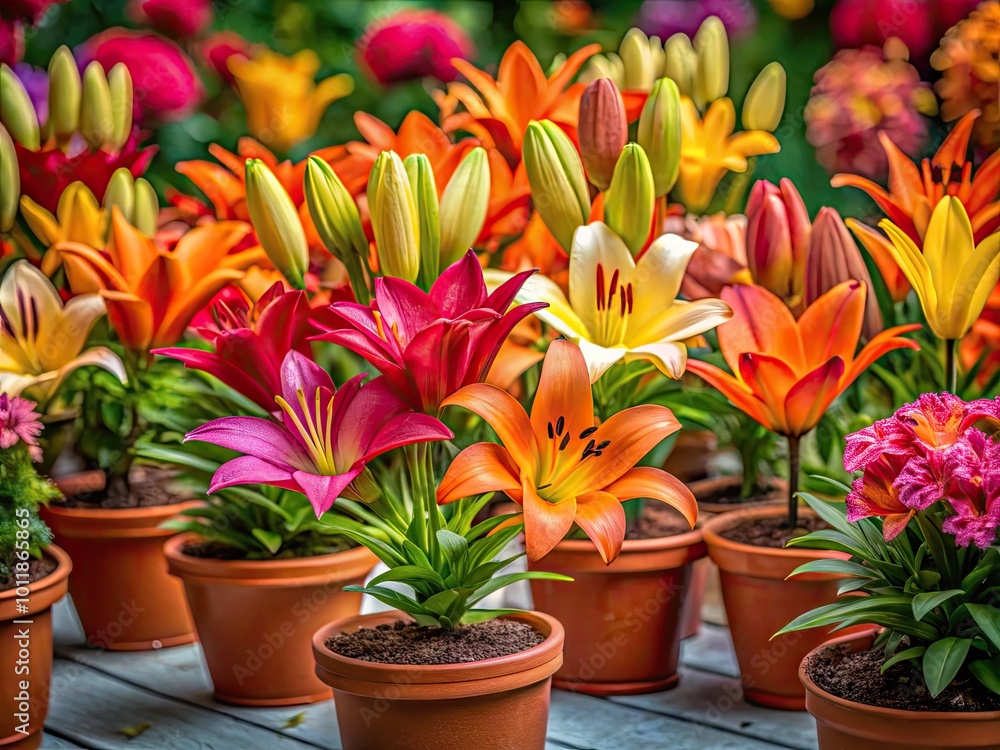 Beautifully arranged potted lilies in vibrant colors showcasing nature's elegance and tranquility Beautifully arranged potted lilies in vibrant colors showcasing nature's elegance and tranquility