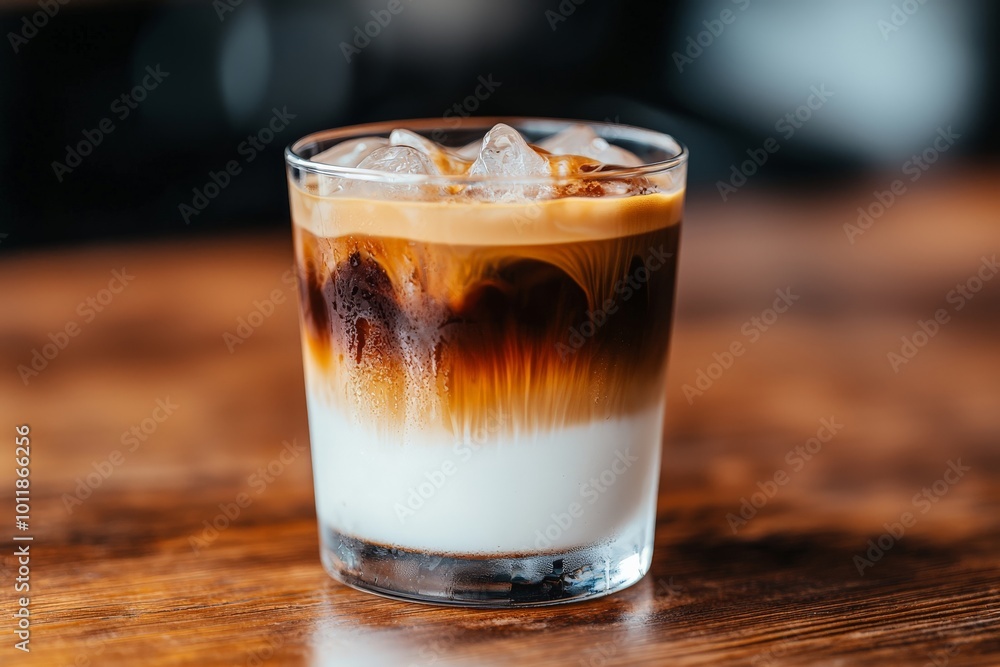 A glass of iced coffee with layers of espresso, milk, and ice, sitting on a wooden table with condensation forming on the glass