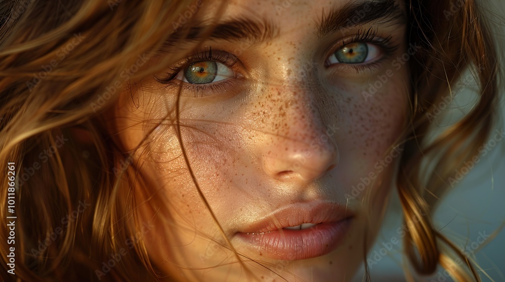 Close Up Portrait of a Woman with Freckles and Green Eyes Close Up Portrait of a Woman with Freckles and Green Eyes