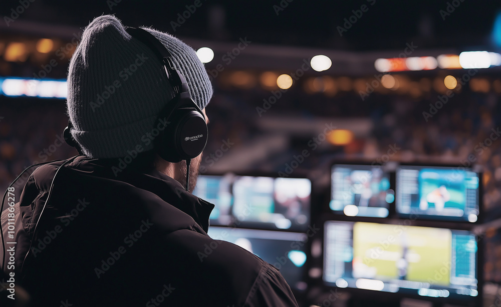 A live TV production crew member monitoring multiple screens during a broadcast event. A live TV production crew member monitoring multiple screens during a broadcast event.