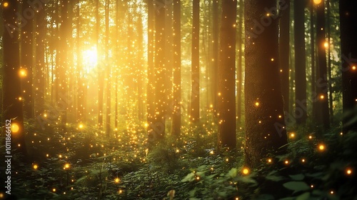 Magical Forest with Sunlight and Glowing Particles