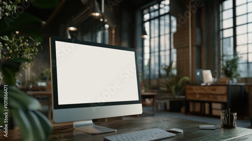 Wallpaper Mural A modern workspace featuring a blank computer screen and a wooden desk with plants. Torontodigital.ca