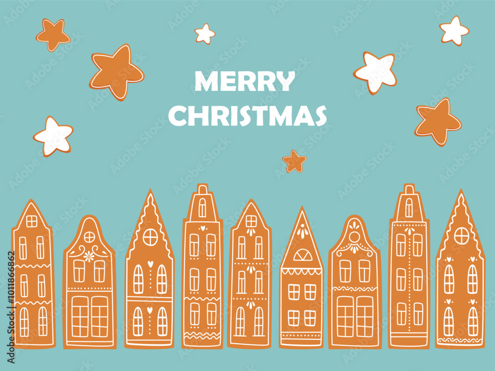 Obraz premium Greeting card with cute cartoon Christmas gingerbread houses