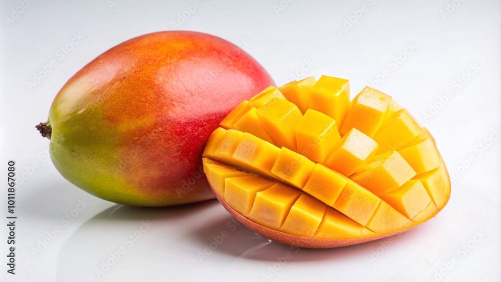 A whole mango next to a half mango with the flesh diced into cubes. A whole mango next to a half mango with the flesh diced into cubes.