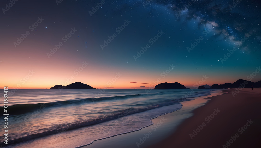Obraz premium Serene Twilight Beach with Gentle Waves and Distant Islands Silhouette 