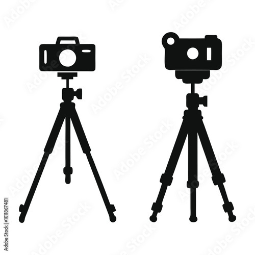 Camera on a tripod silhouette on a white background
