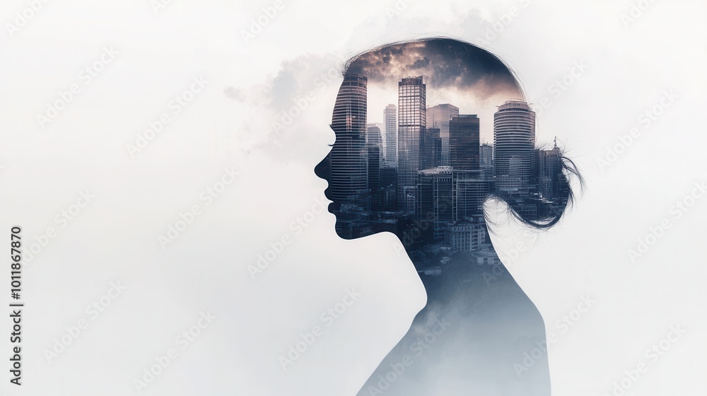 Woman Silhouette with Cityscape Inside Head Woman Silhouette with Cityscape Inside Head