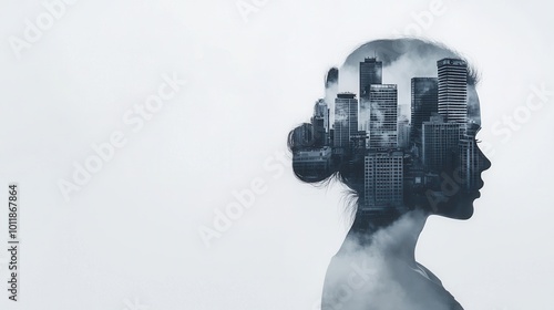 Woman Silhouette Overlapping City Skyline in Fog