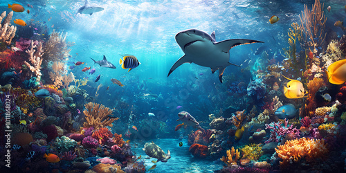 A colorful underwater landscape featuring shark gliding through the water. 