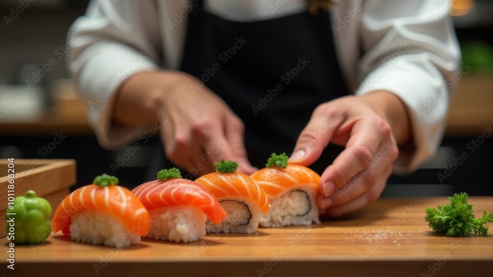 The sushi man makes rolls, close-up. The sushi man makes rolls, close-up.