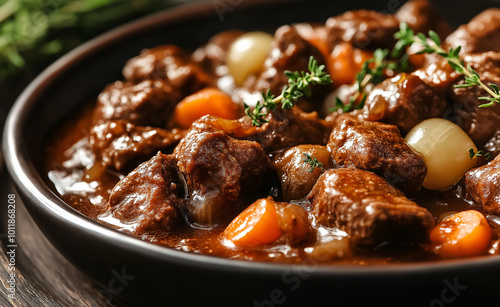 A hearty beef stew with carrots, onions, and herbs, served in a warm, rustic bowl.