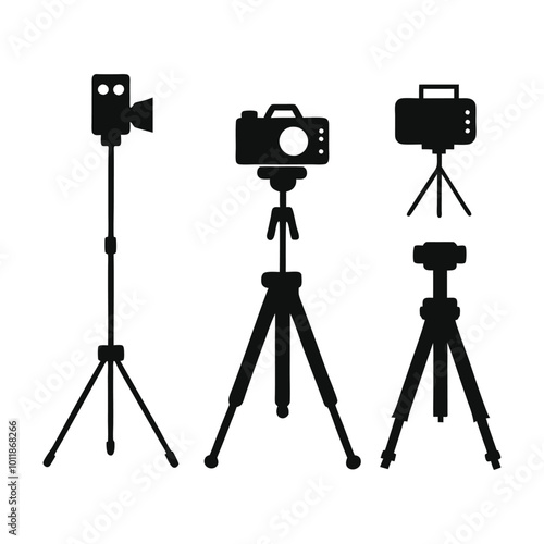 Camera on a tripod silhouette on a white background