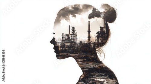 Woman Silhouette with Industrial Cityscape Double Exposure