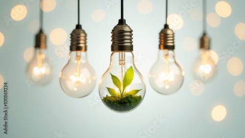 Light bulbs with sprouts inside hang on a white background. photo