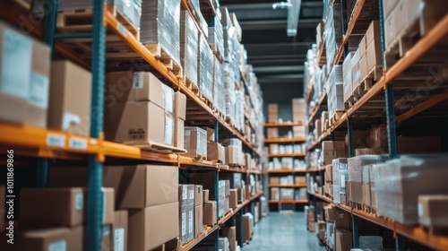 Organized Warehouse Shelves Filled with Cardboard Boxes