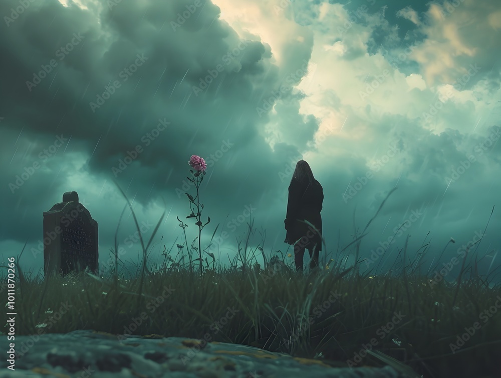 Fototapeta premium Somber Silhouette A Solitary Figure Amid the Storm Swept Grave