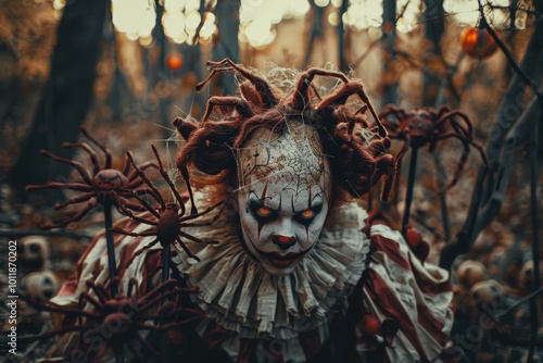 Creepy clown in eerie forest at dusk photo