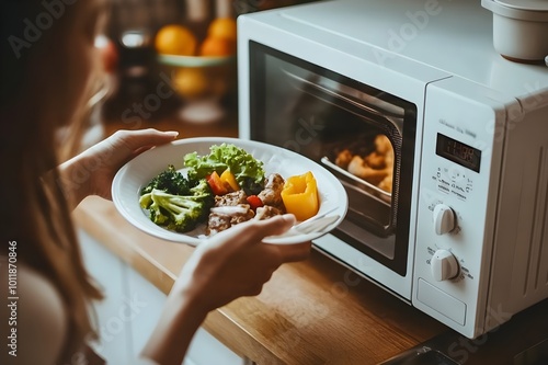 a girl put the food in microwave oven to reheat