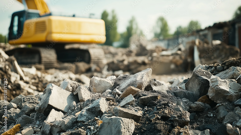 Naklejka premium A construction site with rocks and rubble in the foreground and an excavator working in the background.