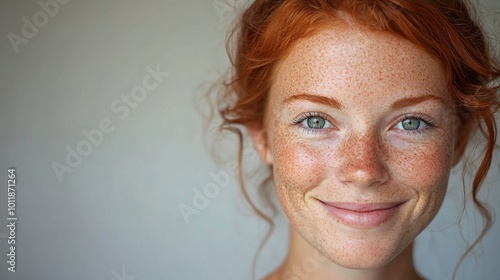 Radiant Redhead: A close-up portrait of a woman with fiery red hair and captivating blue eyes, showcasing her natural beauty and vibrant personality.