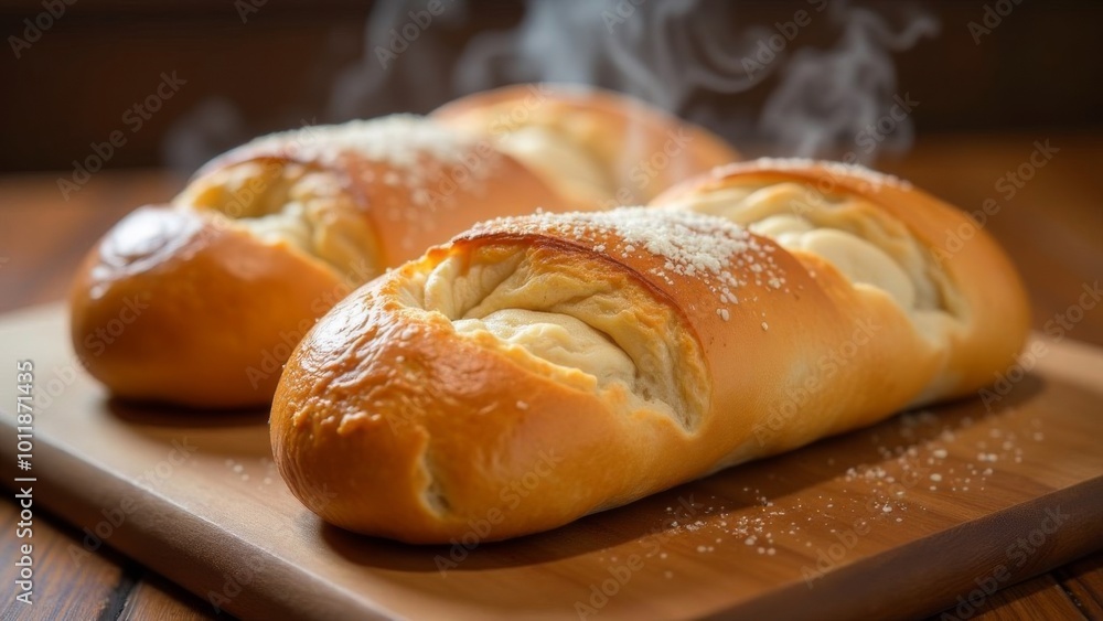 Freshly baked bread with steam on a wooden table. Freshly baked bread with steam on a wooden table.