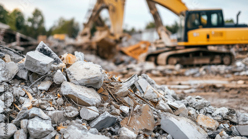 A construction site with rocks and rubble in the foreground and an excavator working in the background.